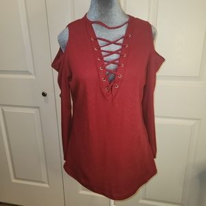 NWOT Red Cold Shoulder Lace Up Top